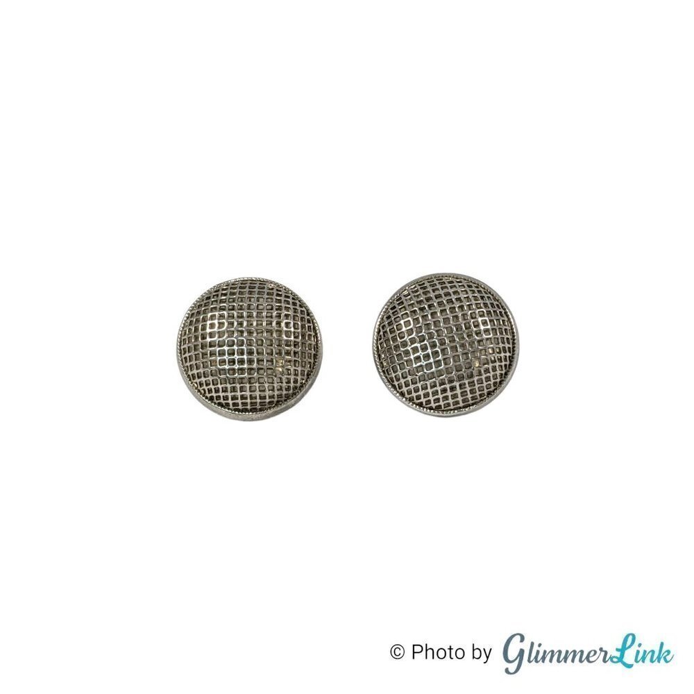 Vintage Silver Tone Mesh Button Stud Earrings Geometric Dome Textured